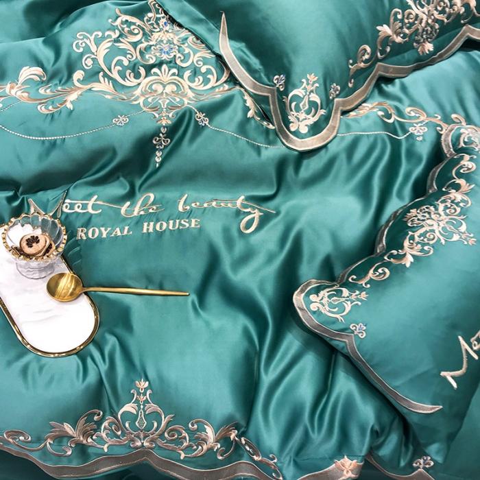 91家纺网 家纺一手货源 找家纺 安妮家居 2020新款60支水洗真丝绣花四件套 佛罗伦萨墨绿