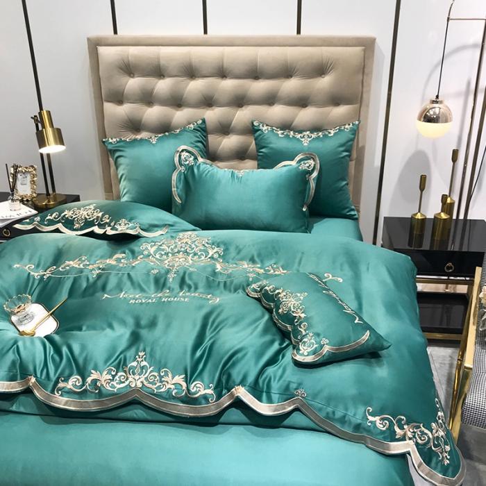 91家纺网 家纺一手货源 找家纺 安妮家居 2020新款60支水洗真丝绣花四件套 佛罗伦萨墨绿