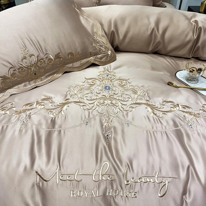 91家纺网 家纺一手货源 找家纺 安妮家居 2020新款60支水洗真丝绣花四件套 佛罗伦萨香槟