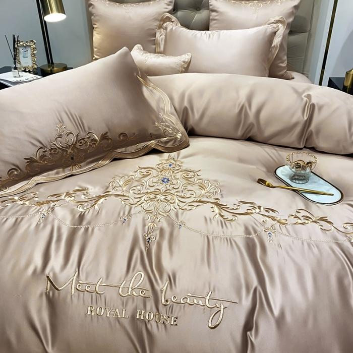 91家纺网 家纺一手货源 找家纺 安妮家居 2020新款60支水洗真丝绣花四件套 佛罗伦萨香槟