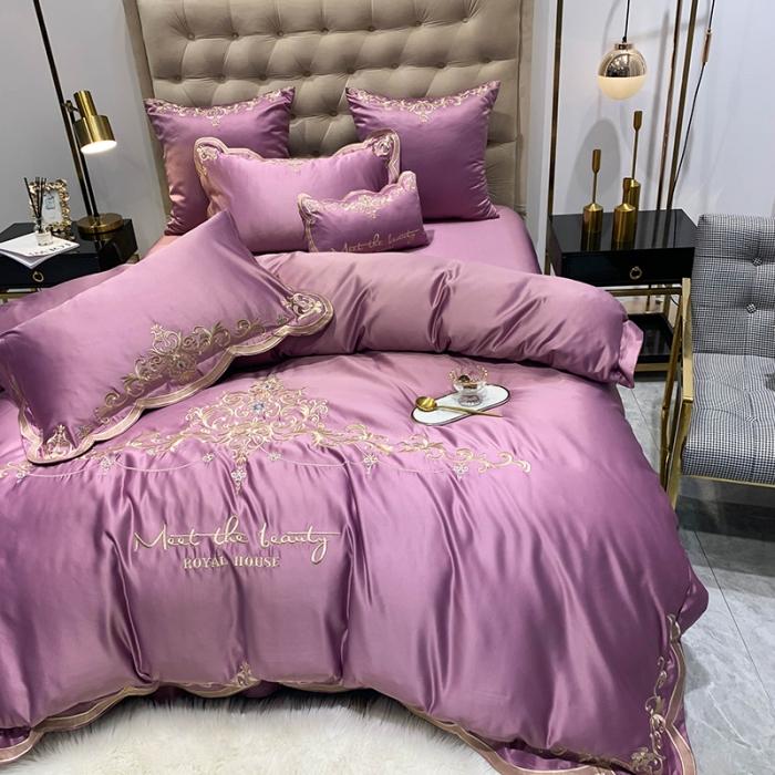 91家纺网 家纺一手货源 找家纺 安妮家居 2020新款60支水洗真丝绣花四件套 佛罗伦萨紫色