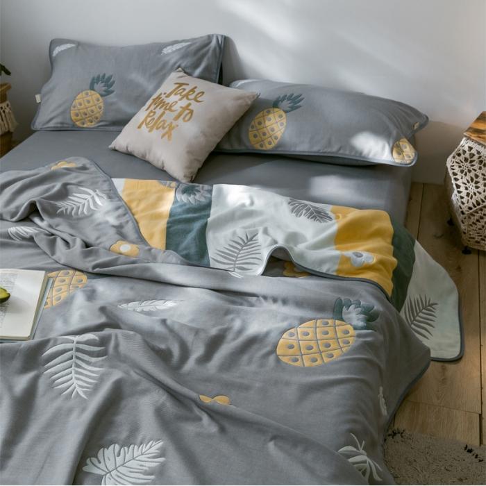 91家纺网 家纺一手货源 找家纺 朴尔2020新款时尚六层全棉纱布盖毯夏季毛巾被 菠萝物语-灰