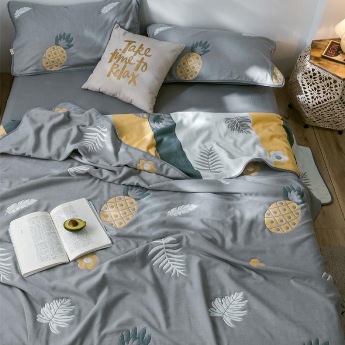 91家纺网 家纺一手货源 找家纺 朴尔2020新款时尚六层全棉纱布盖毯夏季毛巾被 菠萝物语-灰