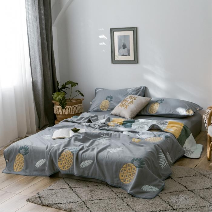 91家纺网 家纺一手货源 找家纺 朴尔2020新款时尚六层全棉纱布盖毯夏季毛巾被 菠萝物语-灰