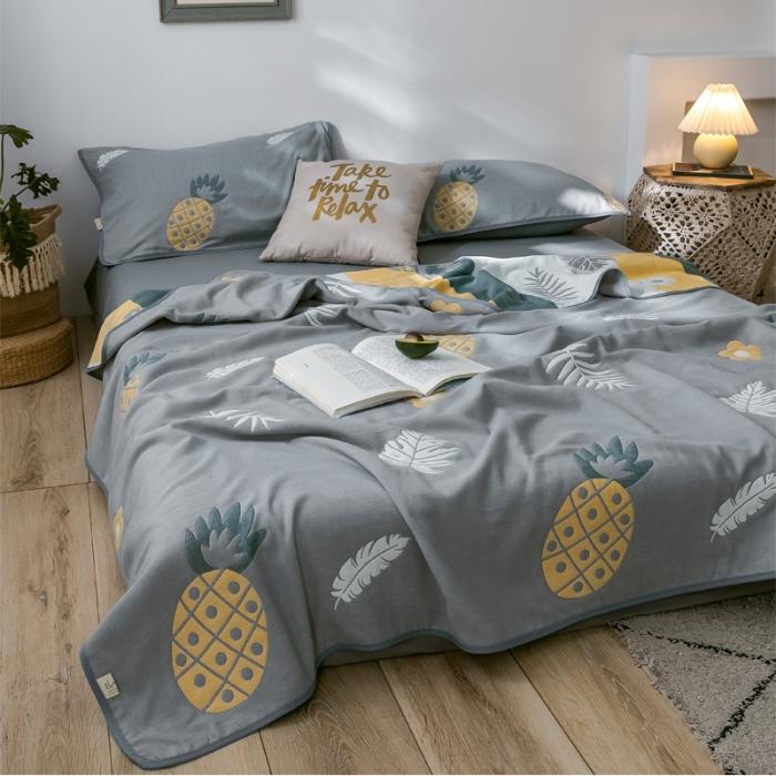 91家纺网 家纺一手货源 找家纺 朴尔2020新款时尚六层全棉纱布盖毯夏季毛巾被 菠萝物语-灰