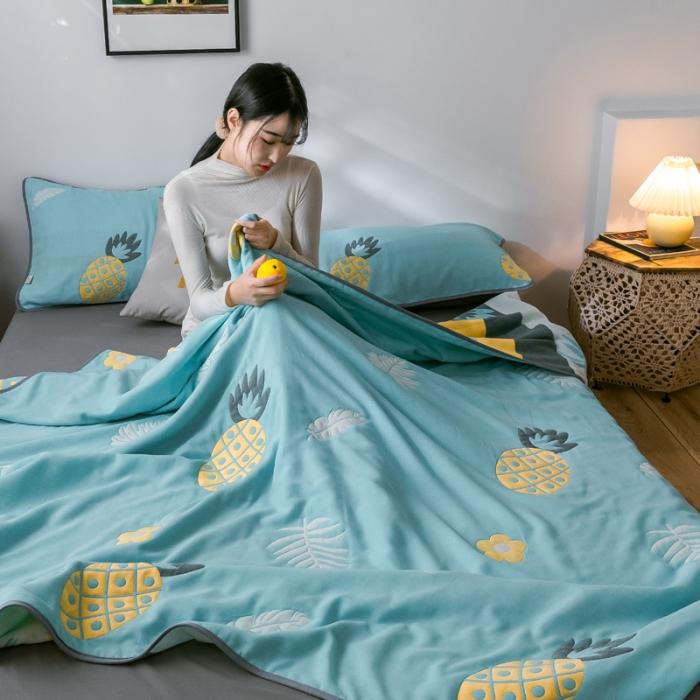 91家纺网 家纺一手货源 找家纺 朴尔2020新款时尚六层全棉纱布盖毯夏季毛巾被 菠萝物语-绿