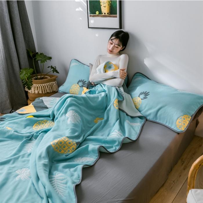 91家纺网 家纺一手货源 找家纺 朴尔2020新款时尚六层全棉纱布盖毯夏季毛巾被 菠萝物语-绿