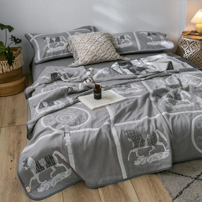 91家纺网 家纺一手货源 找家纺 朴尔2020新款时尚六层全棉纱布盖毯夏季毛巾被 劳伦-灰