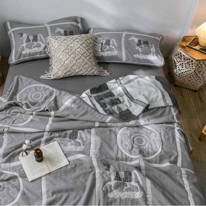 91家纺网 家纺一手货源 找家纺 朴尔2020新款时尚六层全棉纱布盖毯夏季毛巾被 劳伦-灰