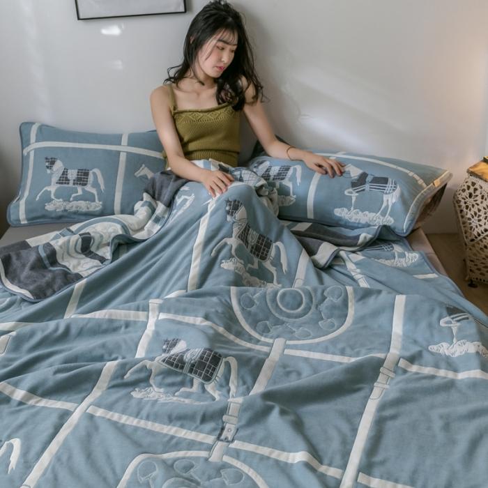 91家纺网 家纺一手货源 找家纺 朴尔2020新款时尚六层全棉纱布盖毯夏季毛巾被 劳伦-蓝