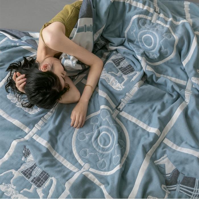 91家纺网 家纺一手货源 找家纺 朴尔2020新款时尚六层全棉纱布盖毯夏季毛巾被 劳伦-蓝