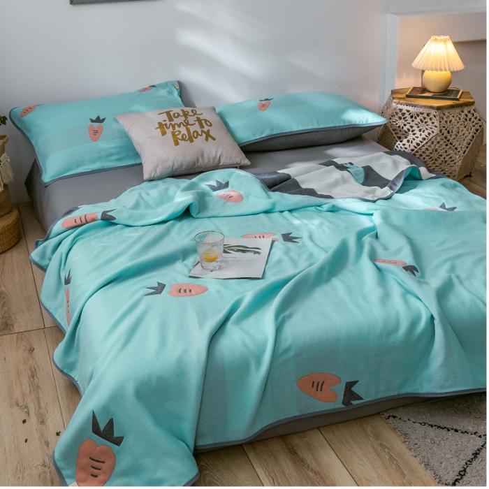 91家纺网 家纺一手货源 找家纺 朴尔2020新款时尚六层全棉纱布盖毯夏季毛巾被 农场胡萝卜绿