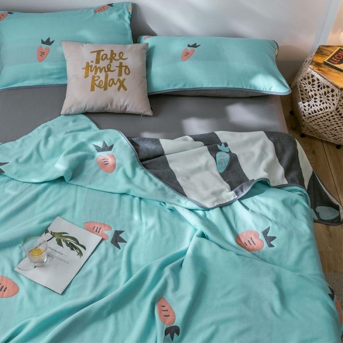 91家纺网 家纺一手货源 找家纺 朴尔2020新款时尚六层全棉纱布盖毯夏季毛巾被 农场胡萝卜绿