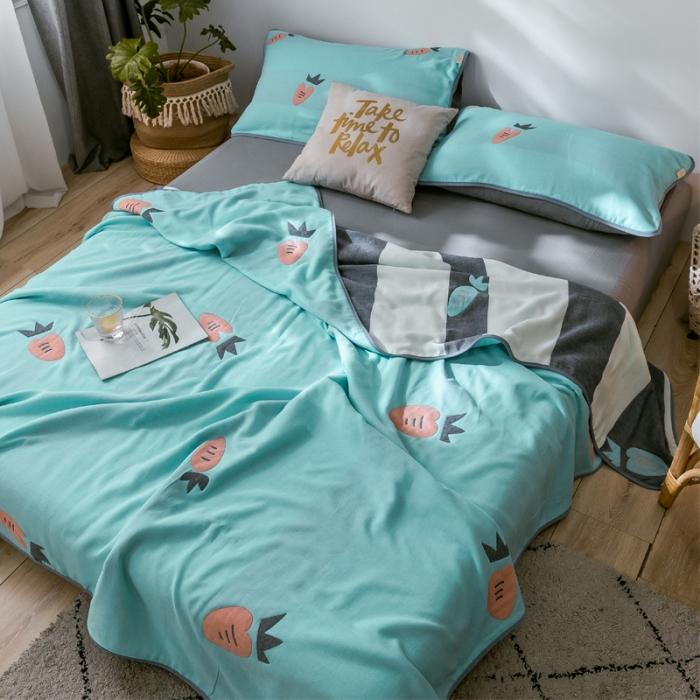 91家纺网 家纺一手货源 找家纺 朴尔2020新款时尚六层全棉纱布盖毯夏季毛巾被 农场胡萝卜绿