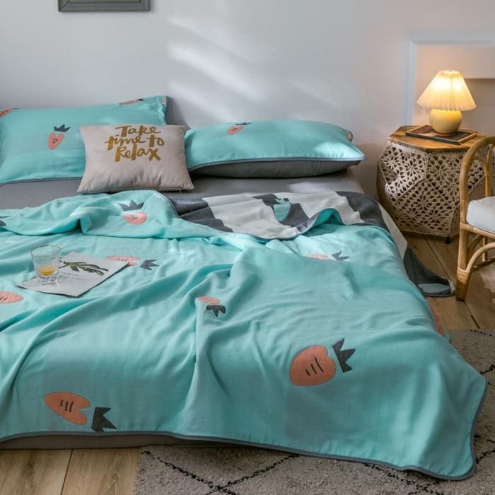 91家纺网 家纺一手货源 找家纺 朴尔2020新款时尚六层全棉纱布盖毯夏季毛巾被 农场胡萝卜绿