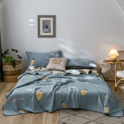 91家纺网 家纺一手货源 找家纺 朴尔2020新款时尚六层全棉纱布盖毯夏季毛巾被兔与胡萝卜-蓝