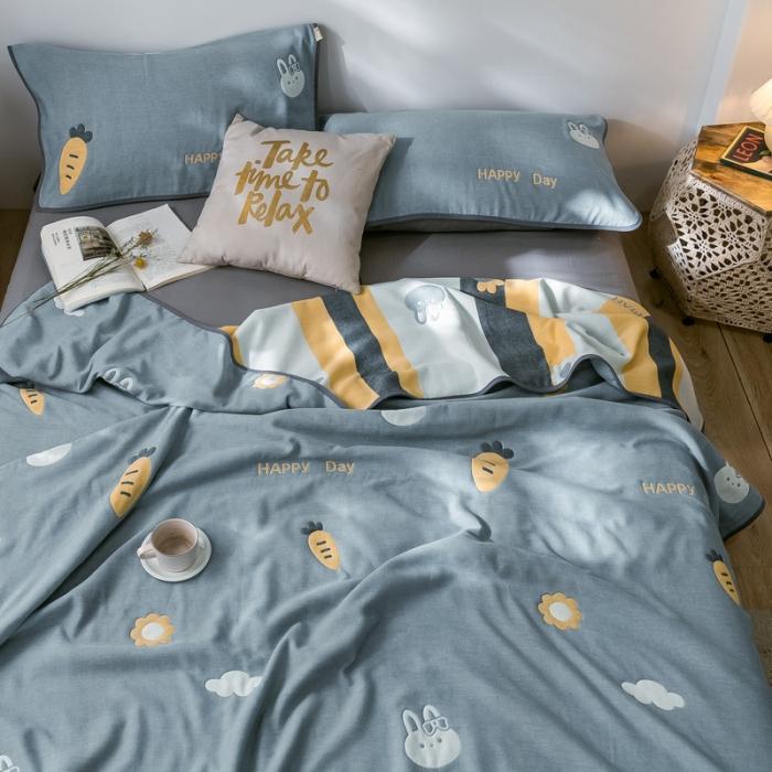 91家纺网 家纺一手货源 找家纺 朴尔2020新款时尚六层全棉纱布盖毯夏季毛巾被兔与胡萝卜-蓝