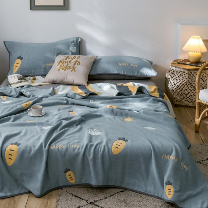 91家纺网 家纺一手货源 找家纺 朴尔2020新款时尚六层全棉纱布盖毯夏季毛巾被兔与胡萝卜-蓝