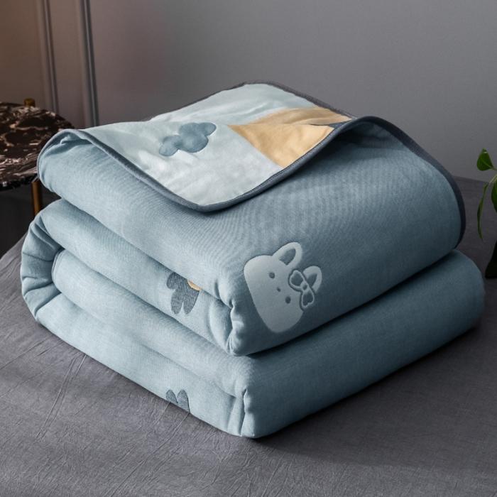 91家纺网 家纺一手货源 找家纺 朴尔2020新款时尚六层全棉纱布盖毯夏季毛巾被兔与胡萝卜-蓝