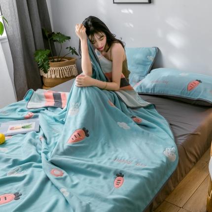 朴尔2020新款时尚六层全棉纱布盖毯夏季毛巾被兔与胡萝卜-绿