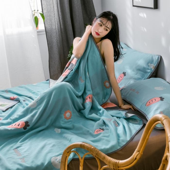 91家纺网 家纺一手货源 找家纺 朴尔2020新款时尚六层全棉纱布盖毯夏季毛巾被兔与胡萝卜-绿