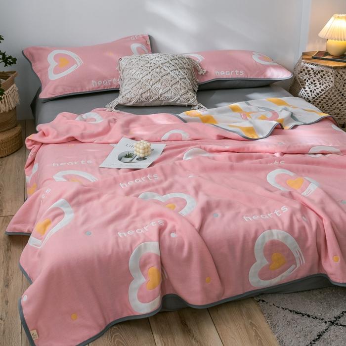 91家纺网 家纺一手货源 找家纺 朴尔2020新款时尚六层全棉纱布盖毯夏季毛巾被 心心相印-粉