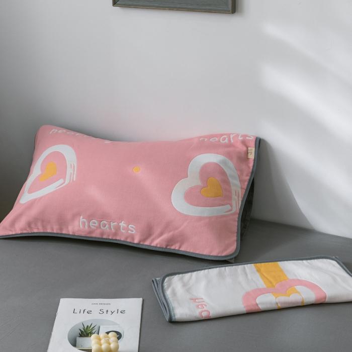 91家纺网 家纺一手货源 找家纺 朴尔2020新款时尚六层全棉纱布盖毯夏季毛巾被 心心相印-粉