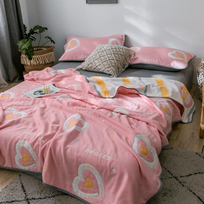 91家纺网 家纺一手货源 找家纺 朴尔2020新款时尚六层全棉纱布盖毯夏季毛巾被 心心相印-粉