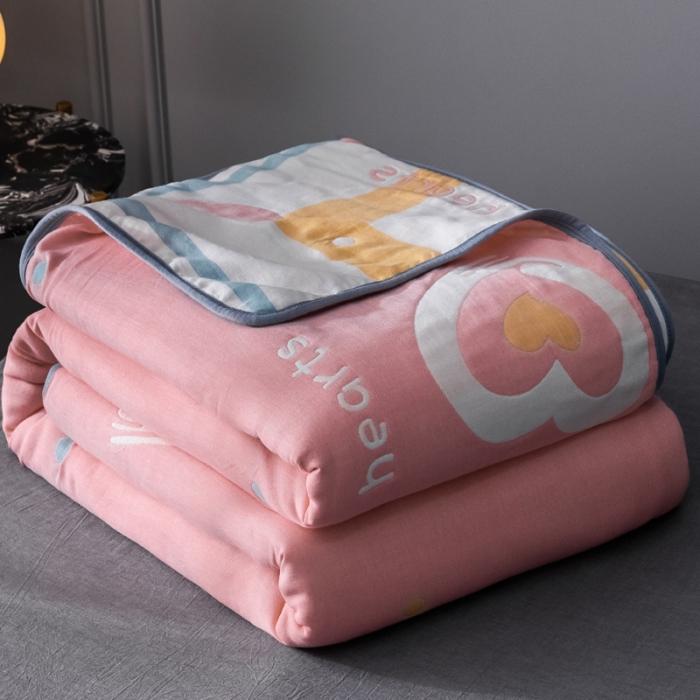 91家纺网 家纺一手货源 找家纺 朴尔2020新款时尚六层全棉纱布盖毯夏季毛巾被 心心相印-粉