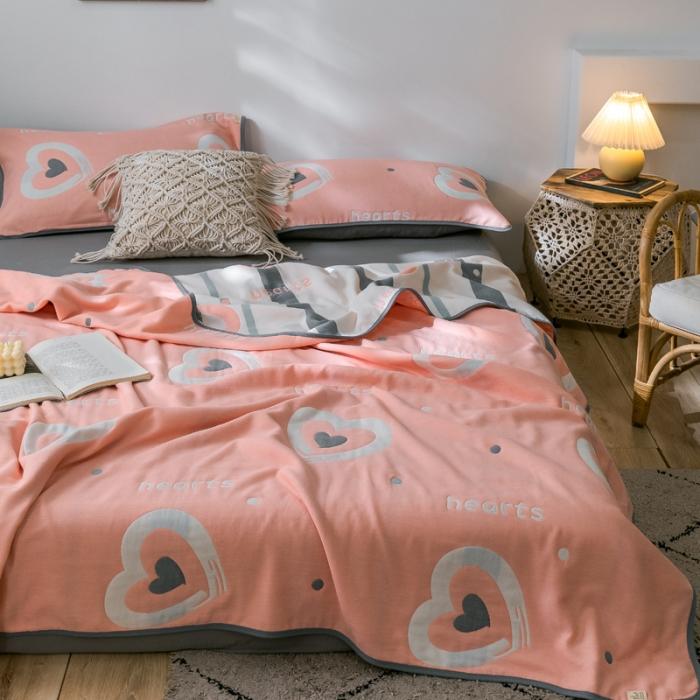 91家纺网 家纺一手货源 找家纺 朴尔2020新款时尚六层全棉纱布盖毯夏季毛巾被 心心相印-玉