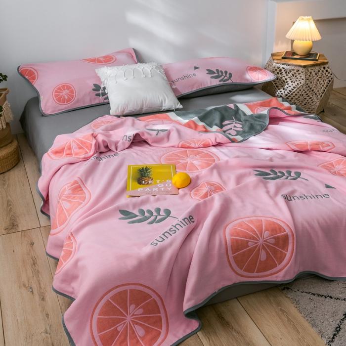 91家纺网 家纺一手货源 找家纺 朴尔2020新款时尚六层全棉纱布盖毯夏季毛巾被 阳光甜橙-粉