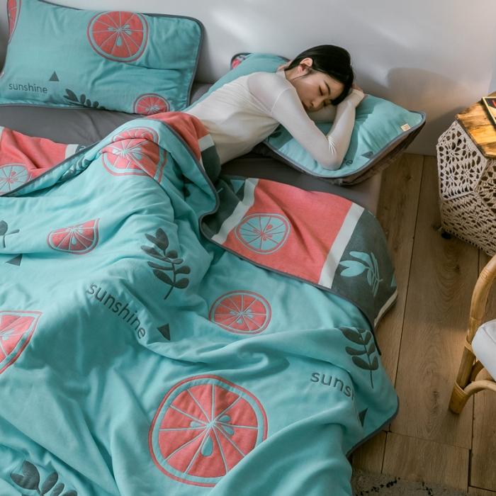 91家纺网 家纺一手货源 找家纺 朴尔2020新款时尚六层全棉纱布盖毯夏季毛巾被 阳光甜橙-绿