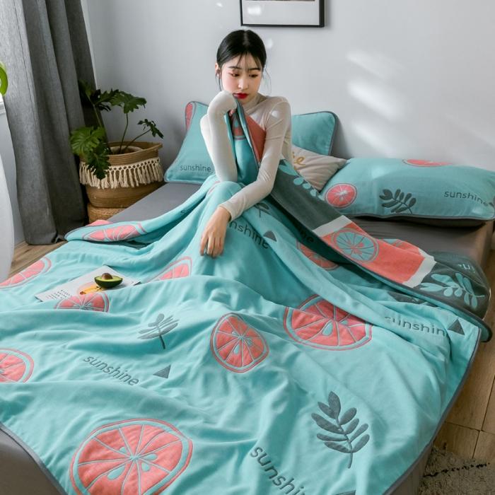 91家纺网 家纺一手货源 找家纺 朴尔2020新款时尚六层全棉纱布盖毯夏季毛巾被 阳光甜橙-绿