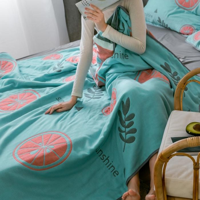 91家纺网 家纺一手货源 找家纺 朴尔2020新款时尚六层全棉纱布盖毯夏季毛巾被 阳光甜橙-绿