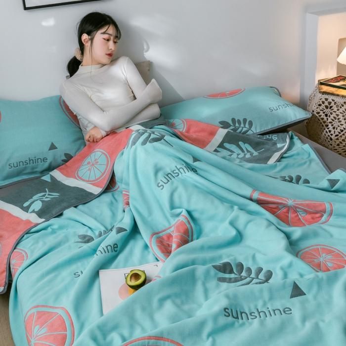 91家纺网 家纺一手货源 找家纺 朴尔2020新款时尚六层全棉纱布盖毯夏季毛巾被 阳光甜橙-绿