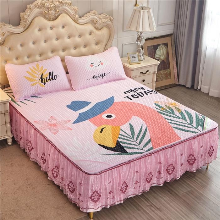 91家纺网 家纺一手货源 找家纺 纽缦 2020新款天丝凉席床裙款 丛林仙鹤-粉