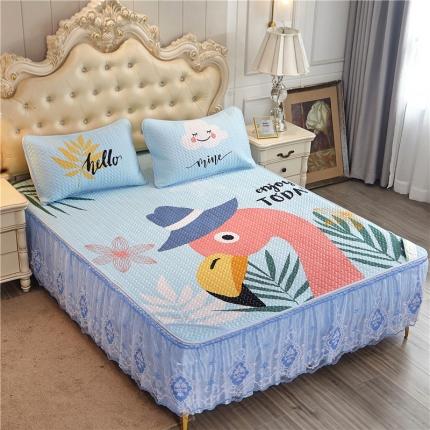 91家纺网 家纺一手货源 找家纺 纽缦 2020新款天丝凉席床裙款 丛林仙鹤-蓝