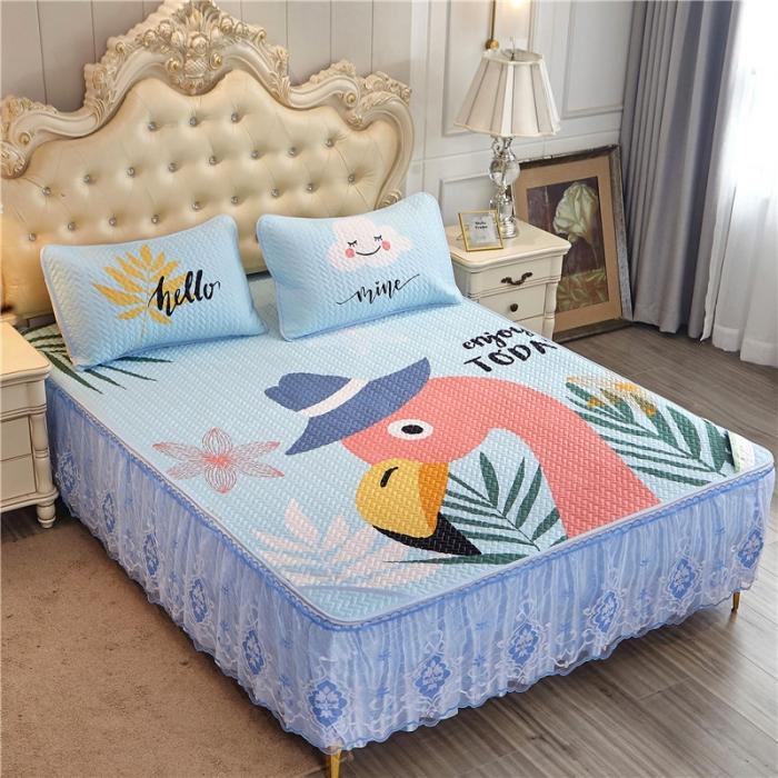 91家纺网 家纺一手货源 找家纺 纽缦 2020新款天丝凉席床裙款 丛林仙鹤-蓝