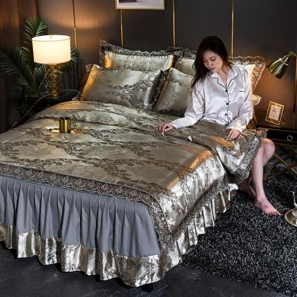 91家纺网 家纺一手货源 找家纺 美织缘家纺2020床裙款莫代尔蕾丝花边贡缎四件套卡妮娜-青灰