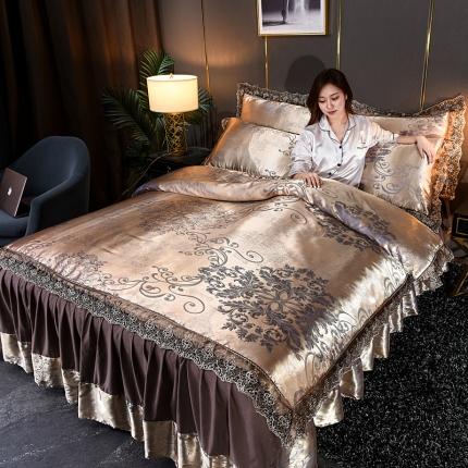 91家纺网 家纺一手货源 找家纺 美织缘家纺 2020床裙款莫代尔蕾丝花边贡缎提花四件套 圣佛利亚