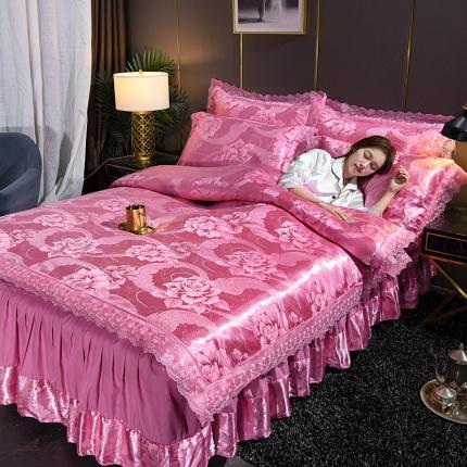 美织缘家纺 2020床裙款莫代尔蕾丝花边贡缎四件套盛世相约-豆沙