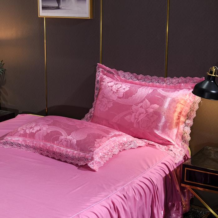 91家纺网 家纺一手货源 找家纺 美织缘家纺 2020床裙款莫代尔蕾丝花边贡缎四件套盛世相约-豆沙