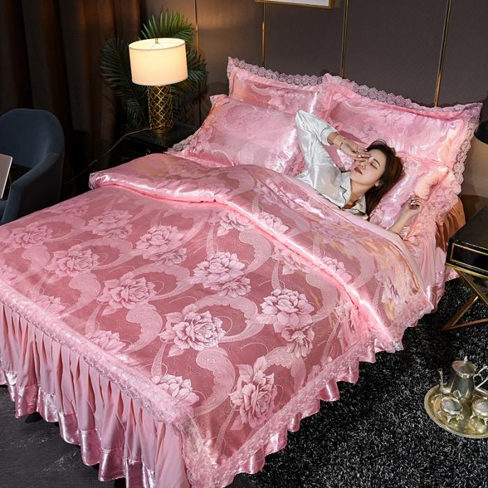 91家纺网 家纺一手货源 找家纺 美织缘家纺 2020床裙款莫代尔蕾丝花边贡缎四件套盛世相约-玉色