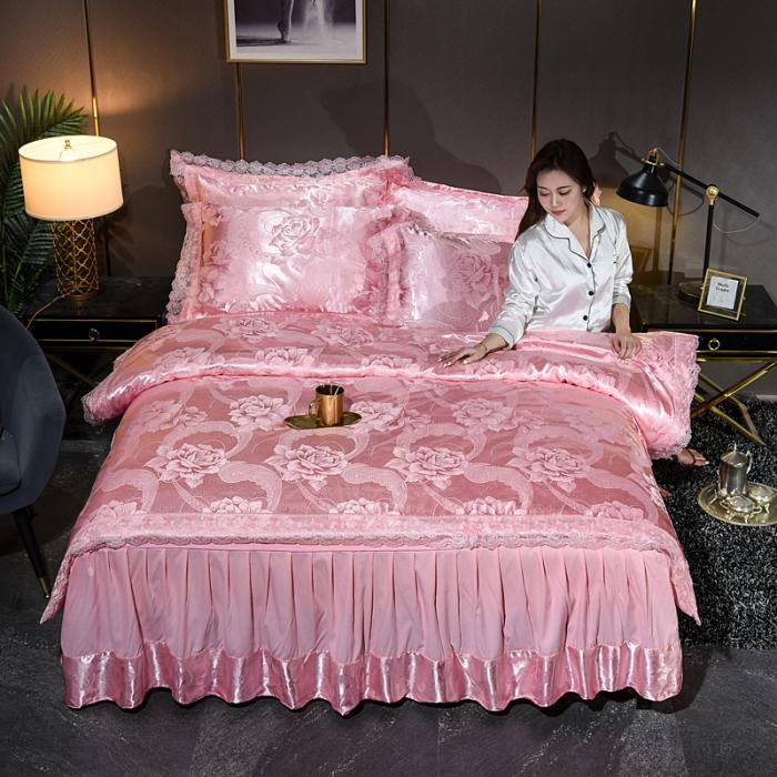 91家纺网 家纺一手货源 找家纺 美织缘家纺 2020床裙款莫代尔蕾丝花边贡缎四件套盛世相约-玉色