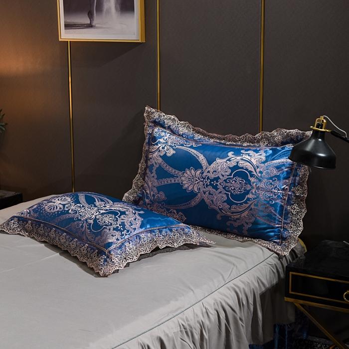 91家纺网 家纺一手货源 找家纺 美织缘家纺2020床裙款莫代尔蕾丝花边贡缎四件套天空之城-梦幻蓝