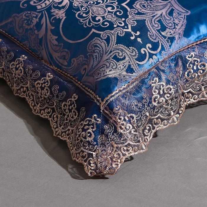 91家纺网 家纺一手货源 找家纺 美织缘家纺2020床裙款莫代尔蕾丝花边贡缎四件套天空之城-梦幻蓝