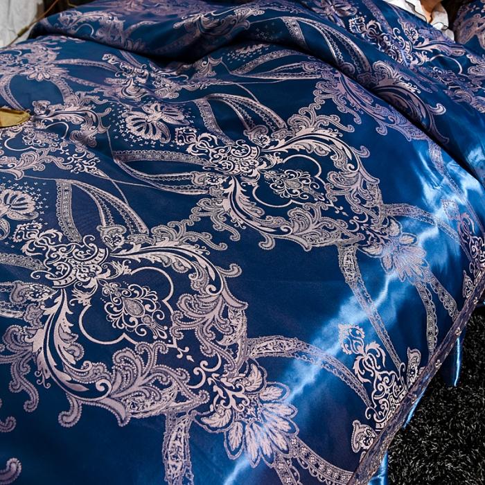 91家纺网 家纺一手货源 找家纺 美织缘家纺2020床裙款莫代尔蕾丝花边贡缎四件套天空之城-梦幻蓝