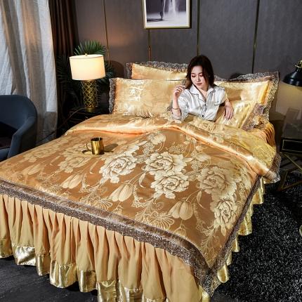 91家纺网 家纺一手货源 找家纺 美织缘家纺 2020床裙款莫代尔蕾丝花边贡缎四件套唯美盛典-金驼