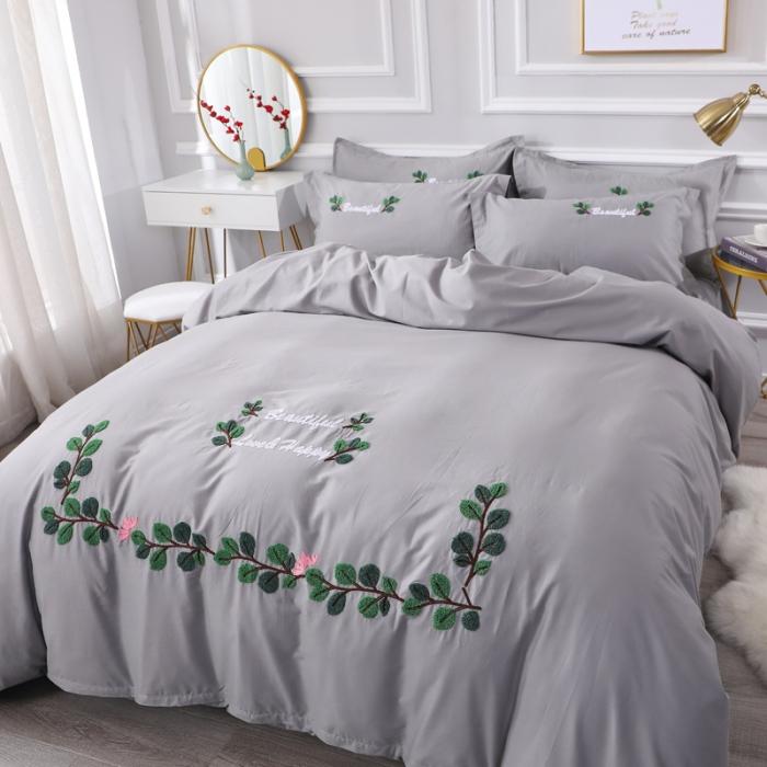 91家纺网 家纺一手货源 找家纺 13372田园风全棉毛巾绣四件套纯棉绣花全棉刺绣爱之蔓灰色