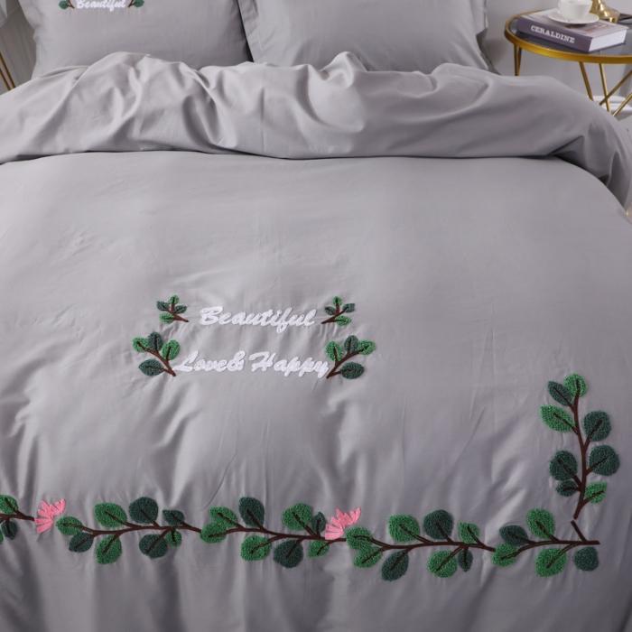 91家纺网 家纺一手货源 找家纺 13372田园风全棉毛巾绣四件套纯棉绣花全棉刺绣爱之蔓灰色